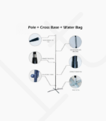 Support de drapeau avec un mât, une base croisée et un sac d'eau pour la stabilité.