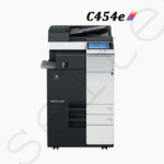 Konica Minolta Bizhub C454e multifunction printer with a control panel and paper trays.
