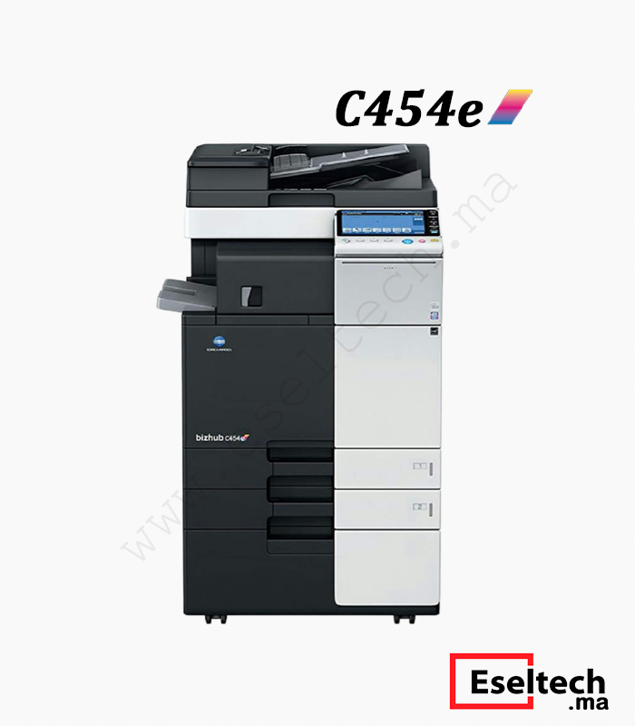 Konica Minolta Bizhub C454e Multifunction Printer Konica Minolta Bizhub C454e multifunction printer with a control panel and paper trays.